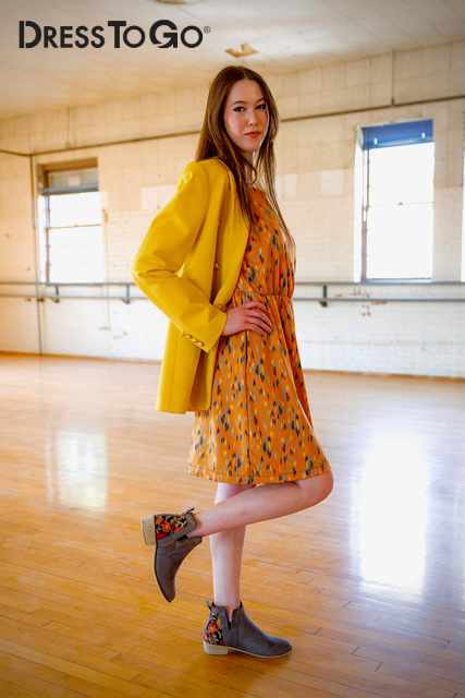 Dress To Go - Scoop Neck Bodice Sleeveless with Knee Length Skirt in Abstract Sunset fabric