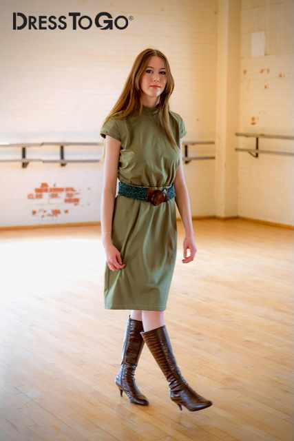 Dress To Go - Turtle Neck Bodice with Cap Sleeves and a Below Knee Skirt in Deep Lichen Green