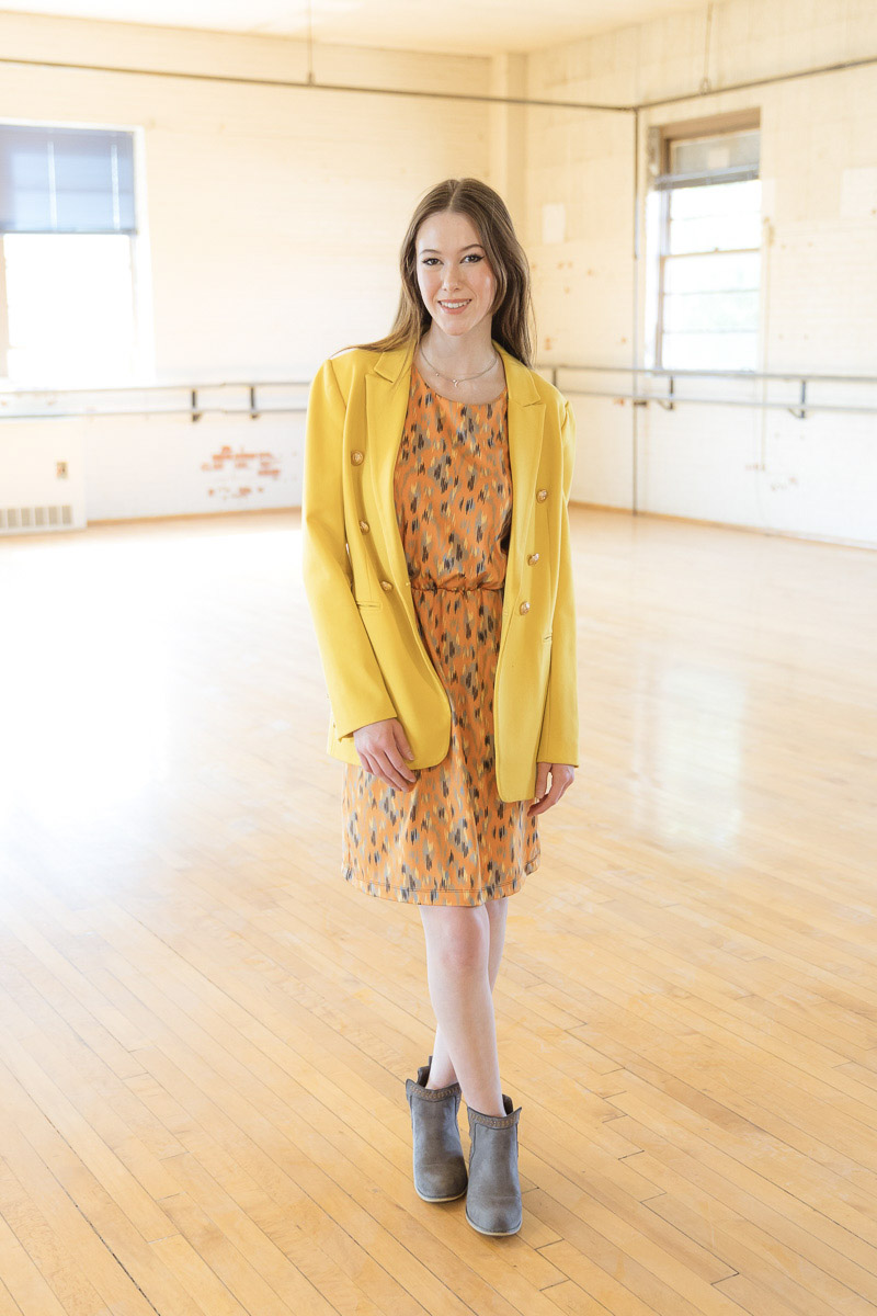 Dress To Go - Scoop Neck Bodice Sleeveless with Knee Length Skirt in Abstract Sunset fabric